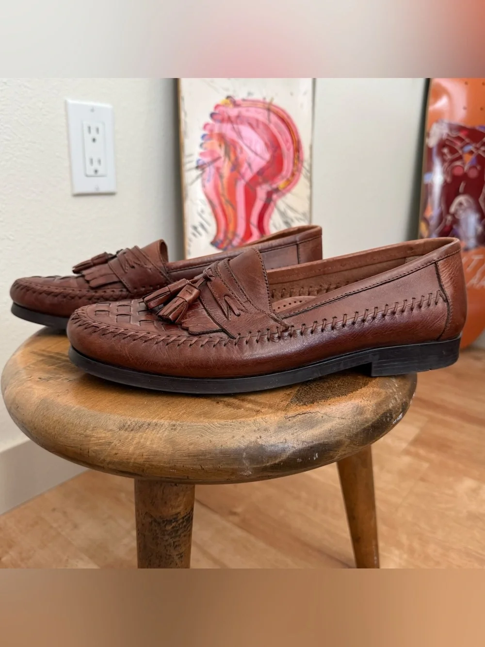 Vintage 80s 90s Woven Brown Leather Tassel Loafers Giorgio Brutini ~ Size 8